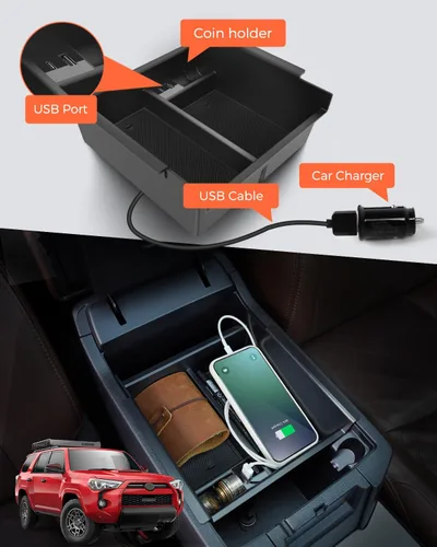 Miniatura 6 de Bandeja organizadora de consola central Toyota 4Runner con puerto USB 2010-2023 2024, caja de reposabrazos de almacenamiento de inserción
