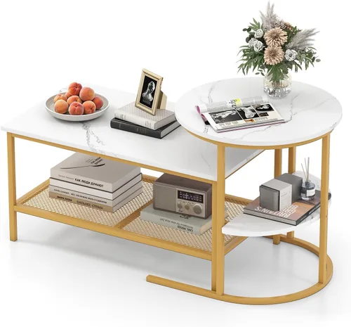 Miniatura 8 de Giantex Juego de 2 mesas auxiliares anidables, mesa rectangular desmontable y mesa redonda con estampado de mármol sintético blanco, marco de metal