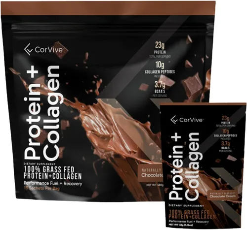 CorVive Proteína + colágeno en polvo | 0.81 oz de proteína (suero alimentado con pasto + colágeno) | 0.14 oz de BCAA | Apoya la salud muscular y