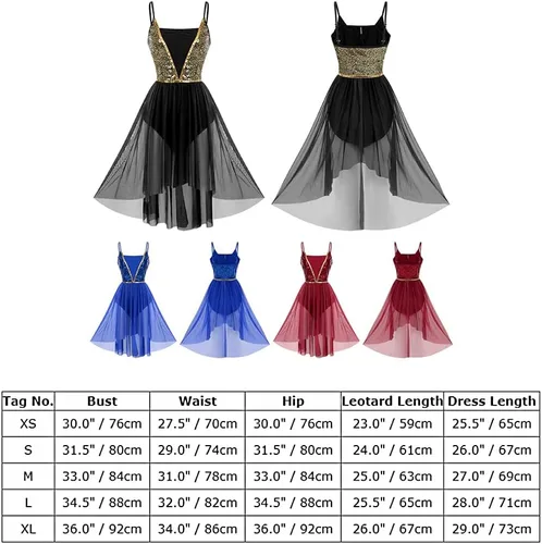 Miniatura 7 de ODASDO Vestido de baile con lentejuelas brillantes para mujer, con tirantes delgados, malla alta y baja, de tul lírica, moderno, contemporáneo