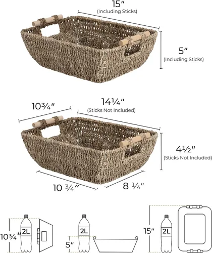 Miniatura 2 de StorageWorks Cestas de almacenamiento grandes tejidas a mano con asas de madera, cestas de mimbre de hierba marina para organizar, paquete de 2