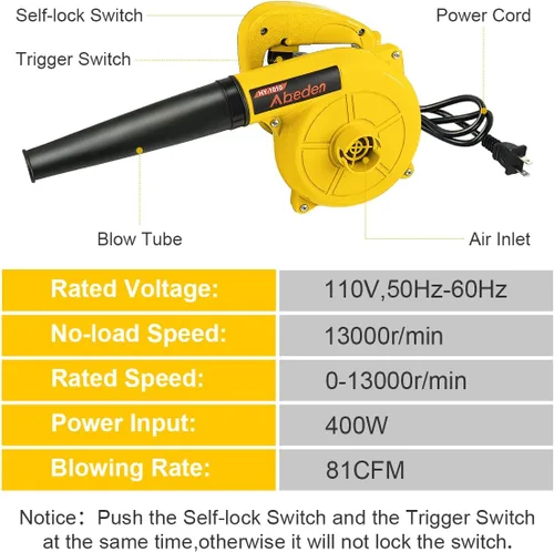 Miniatura 3 de Abeden Soplador de hojas eléctrico con cable, 400 W, 110 V, 120 CFM/200 MPH, soplador y aspiradora 2 en 1 de 2 velocidades, barredora portátil