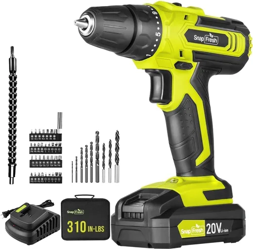 SnapFresh Juego de taladro inalámbrico de 20 V, taladro eléctrico de 3/8 pulgadas con 2 velocidades variables, ajuste de par 21+1, LED, 43 brocas,