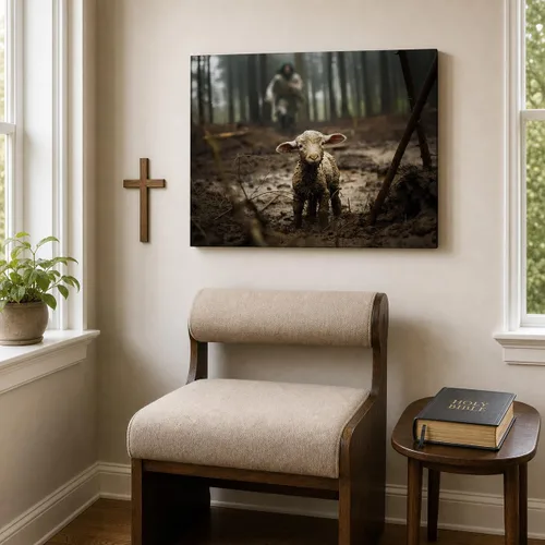Miniatura 6 de Lienzo decorativo cristiano de Jesús con cordero, diseño religioso corriendo después del cordero perdido, envuelto en galería, listo para colgar
