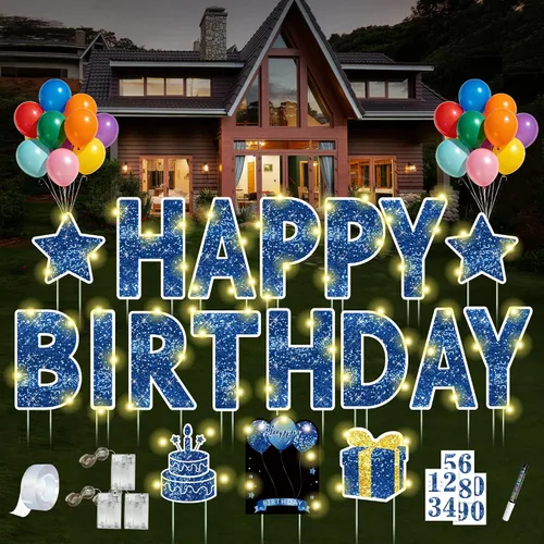 Miniatura 12 de Letrero de feliz cumpleaños con estacas, 18 piezas de letrero negro de feliz cumpleaños con luz LED de 49.2 pies, letrero grande personalizado