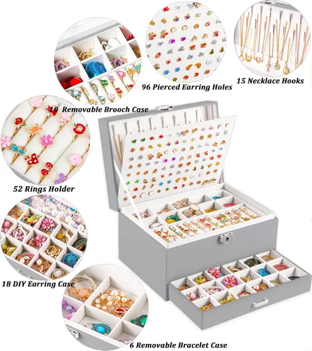Miniatura 20 de Joyero de pendientes para mujeres y niñas, organizador de aretes de 5 capas, caja organizadora de joyas blanca con candado, collares y aretes