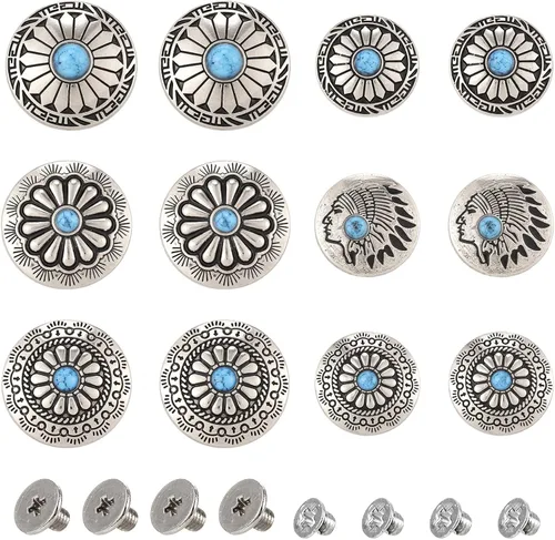 36 piezas/12 juegos Kit de remaches falsos de turquesa redonda estilo vintage occidental Conchos Flor Metal Rivet Rapido cuero decorativo Conchos
