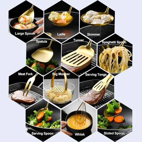 Miniatura 3 de Utensilios de cocina dorados para cocinar, 13 unidades, acero inoxidable, cuchara ranurada sólida, tenedor, espátula, cucharón, espumador, afinador