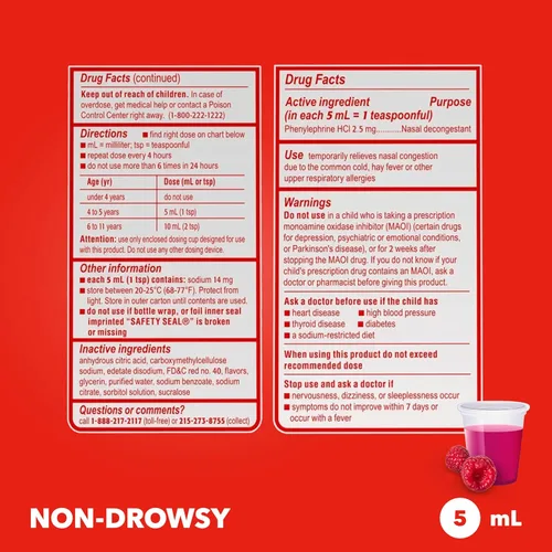 Miniatura 8 de Sudafed Descongestionante Nasal PE Para Niños, Medicina Líquida para el Alivio del Resfriado con Fenilefrina HCl, Sin Alcohol y Sin Azúcar, Sabor a