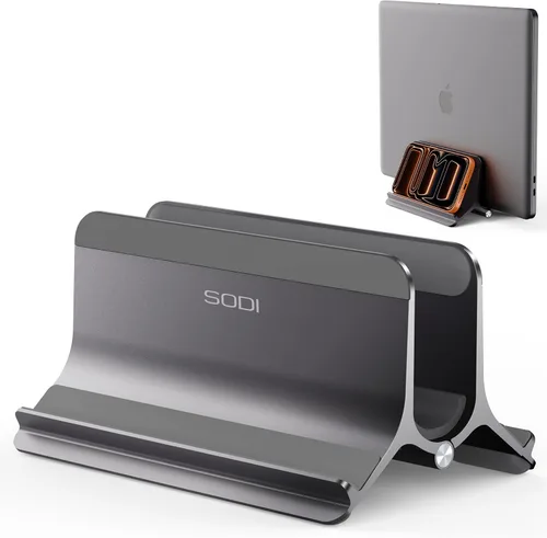 Miniatura 10 de SODI Soporte vertical para laptop para escritorio, soporte para MacBook con bloqueo automático por gravedad, soporte vertical de aluminio para Gris