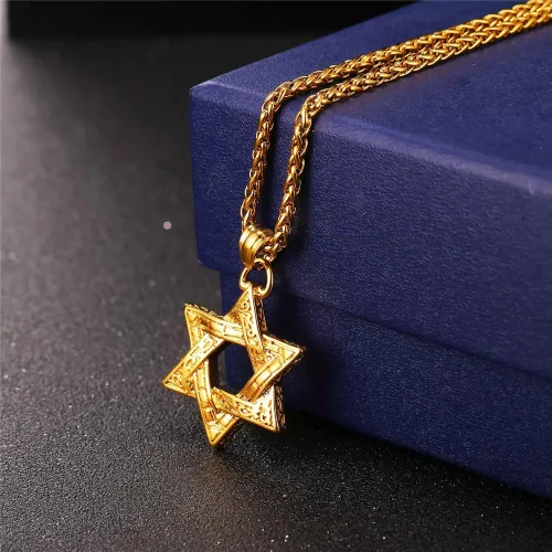 Miniatura 53 de U7 - Collar con Estrella de David para hombres y mujeres, dije hexagonal de acero inoxidable con cruz/piedra de rubí/collares clásicos judíos