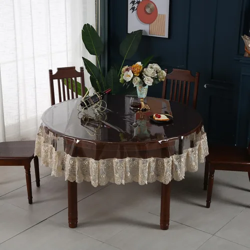 Miniatura 13 de Mantel rectangular de plástico transparente de vinilo impermeable, borde de encaje bordado, mantel transparente para comedor, cocina al aire libre