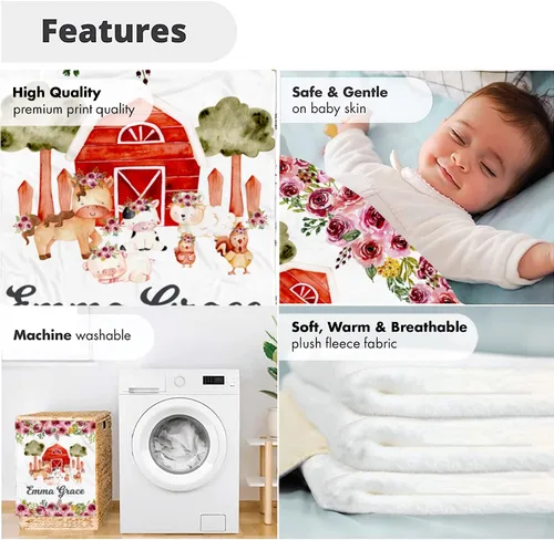 Miniatura 5 de Manta de bebé de granja personalizada, manta de bebé de animales de granja, manta de bebé floral, mantas florales para bebé, manta de bebé con Manta