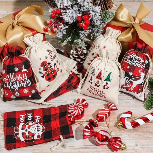 Miniatura 4 de Huhumy 36 bolsas pequeñas de regalo de Navidad a granel con asas a cuadros para fiesta, mini bolsas de dulces, bolsas de joyería a cuadros negros