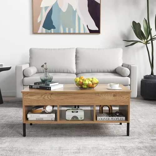 Miniatura 8 de Giantex Mesa auxiliar elevable, mesa rectangular de madera con compartimento oculto y estantes de almacenamiento abiertos, mesa central moderna
