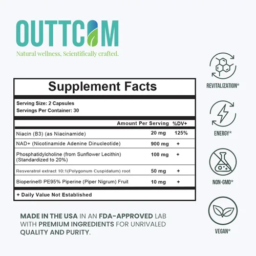 Miniatura 4 de Suplemento liposomal NAD+ de 900 mg — Resveratrol, B12, fosfatidilcolina y bioperina 60 cápsulas veganas Energía celular, enfoque
