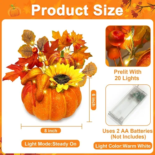 Miniatura 4 de Temporizador y preiluminado: decoraciones de Acción de Gracias, calabaza, calabaza artificial con hojas de arce, girasol, bayas, 20 luces LED