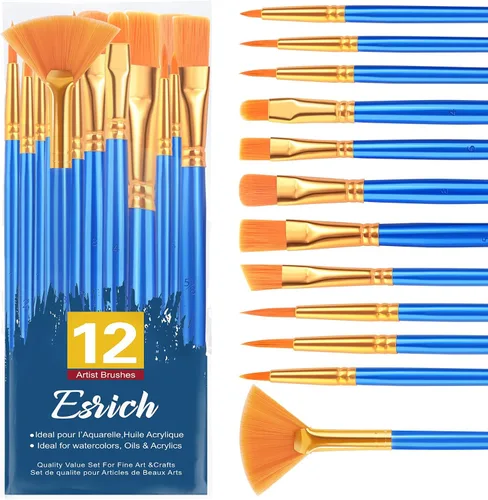 ESRICH Juego de pinceles de pintura, 1 unidad/12 piezas de pelo de nailon con punta redonda para acuarela, óleo y roca, pintura facial, 12 tamaños