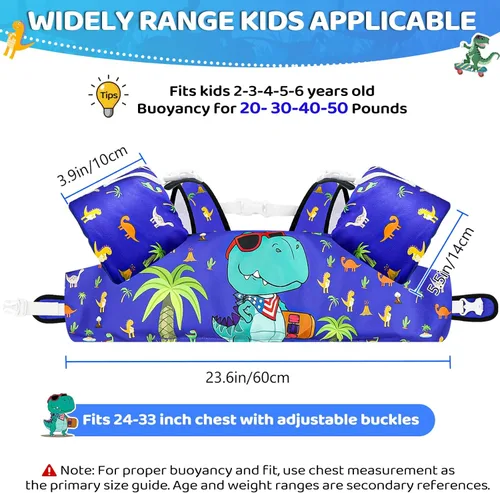 Miniatura 2 de Vvinca Chaleco de natación para niños pequeños de 22 a 66 libras (2 a 6 años) - Flotadores de piscina 3 en 1 para niños con bandas de brazo
