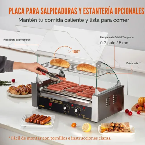 Miniatura 4 de VEVOR - Parrilla de rodillos para hot dogs y salchichas, de acero inoxidable, 1050 W, control doble de temperatura, tapa acrílica, bandeja