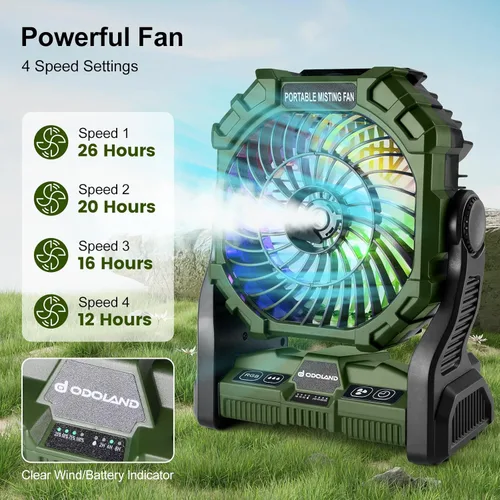Miniatura 2 de Odoland Ventilador de camping portátil con linterna LED, ventilador de niebla recargable con batería de 20000 mAh con luz, tanque de agua de 8.5 fl