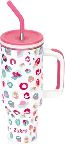 Miniatura 10 de Zukro - Vaso de 40 oz con asa y pajita, tapa roscada con orificio ancho para pajita, taza de acero inoxidable aislada que cabe en el portavasos