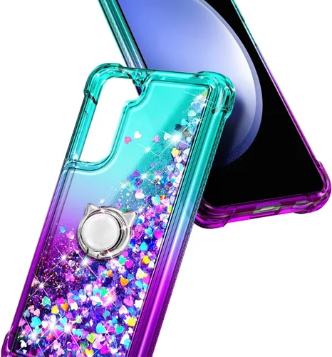 Miniatura 5 de Funda compatible con Samsung Galaxy S24-FE Aqua/Purple Funda líquida flotante con purpurina linda con protector de pantalla de vidrio templado