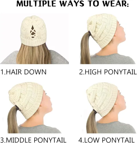 Miniatura 5 de DANMY Gorro de cola de caballo para mujer, gorro de moño con agujero para cola de caballo, gorro de punto cálido de invierno