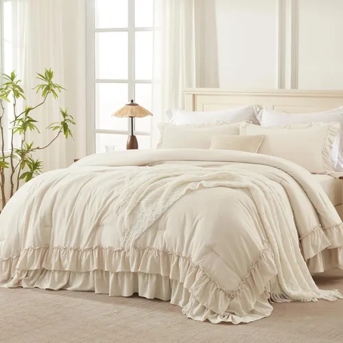 Miniatura 25 de Andency Juego de edredón blanco California King, 3 piezas ligero y esponjoso de granja shabby chic juegos de ropa de cama edredón, microfibra suave