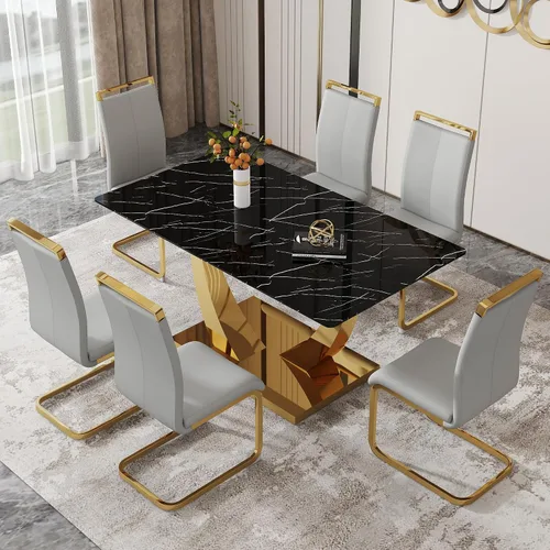 Miniatura 13 de Juego de mesa de comedor de 63 pulgadas para 4, juego de mesa de comedor dorado moderno para 4, juego de mesa de cocina de mármol sintético con negro