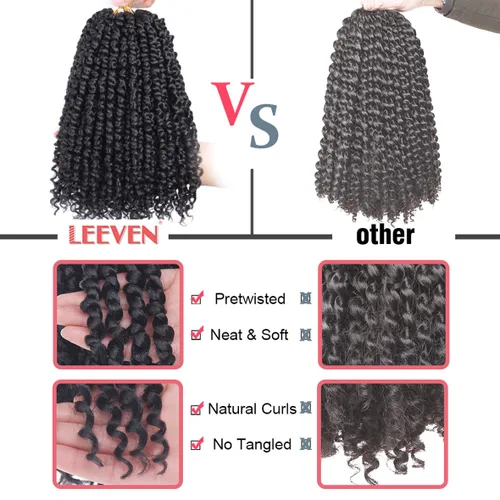 Miniatura 6 de Leeven 8 paquetes de 8 pulgadas, extensiones de cabello trenzado de ganchillo pretrenzado con rizos en los extremos, color negro natural