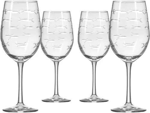 Rolf Glass School of Fish - Copas de vino blanco de 12 onzas, juego de 4 copas de vino sin plomo, copas de vino grabadas con rueda de diamante, 12oz