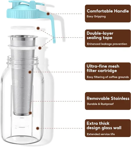 Miniatura 2 de Paquete de 2 tarros de café frío de 64 onzas, máquina de café frío de vidrio grueso con asa, filtro de acero inoxidable y tapa a prueba de fugas