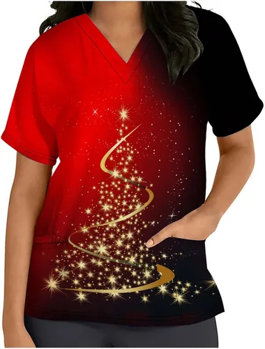 Miniatura 3 de Womens Christmas Tree Scrubs Tops Holiday Printed Christmas Fun Tshirt Uniform Tops V Neck Short Sleeve Nursing Tops