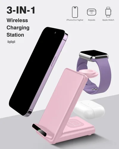 Miniatura 2 de Estación de carga inalámbrica, soporte de carga 3 en 1 hecho para Apple Watch Ultra 10 9 8 7 6 SE 5 4 3, cargador inalámbrico rápido hecho para Rosa