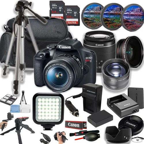 Canon Cámara DSLR EOS Rebel T7 de 24MP con lente EF-S 0.709-2.165 in f/3.5-5.6 is II + luz LED + memoria de 128 GB + lentes + filtros + funda +
