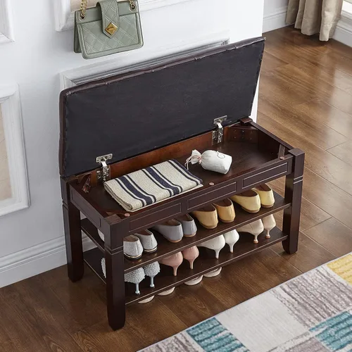 Miniatura 3 de Banco de almacenamiento de zapatos con cojín, banco de entrada con banco de almacenamiento de madera maciza para zapatos, ideal para entrada, sala