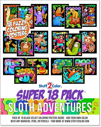 Stuff2Color Paquete de 18 pósteres de terciopelo mullido para colorear (aventuras de perezosos), artes y manualidades para niñas y niños, ideal para