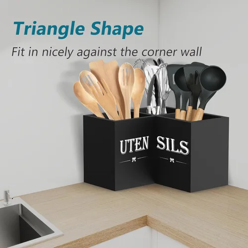 Miniatura 5 de Suli Soporte extra grande para utensilios de cocina con 3 compartimentos, organizador de utensilios de esquina para encimera, organizador de Negro