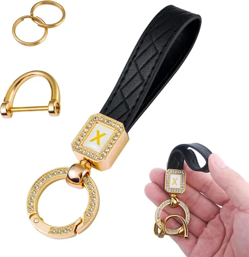 Llavero de cuero brillante para automóvil, llavero universal para hombres y mujeres, anillo en D antipérdida, Negro -, Negro