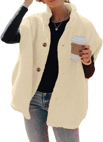 Miniatura 36 de Hongqizo - Chaleco de forro polar mullido para mujer, casual, de gran tamaño, cálido, con botones, chaqueta de sherpa con bolsillos