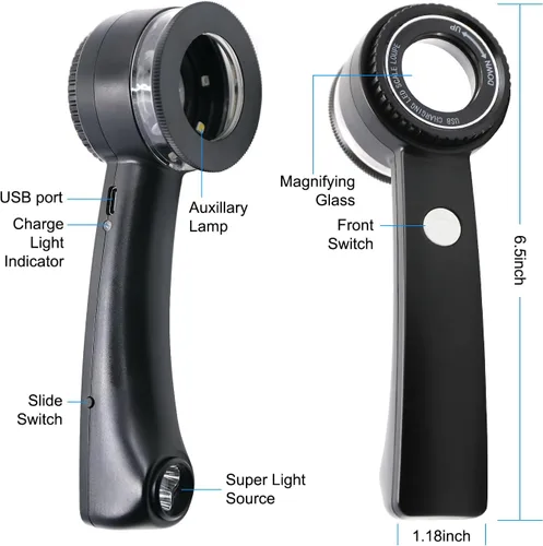Miniatura 7 de Lupa de mano para joyería, 10 unidades, recargable por USB, con luces LED y UV y superluces tricolor, lentes de vidrio K9 de 1.181 in, lupa