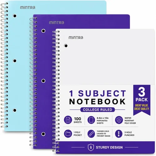 Miniatura 7 de Mintra Office Cuadernos de espiral duraderos, 1 materia, (rosa primavera, amarillo sol, hielo ártico, rayas anchas, paquete de 3)