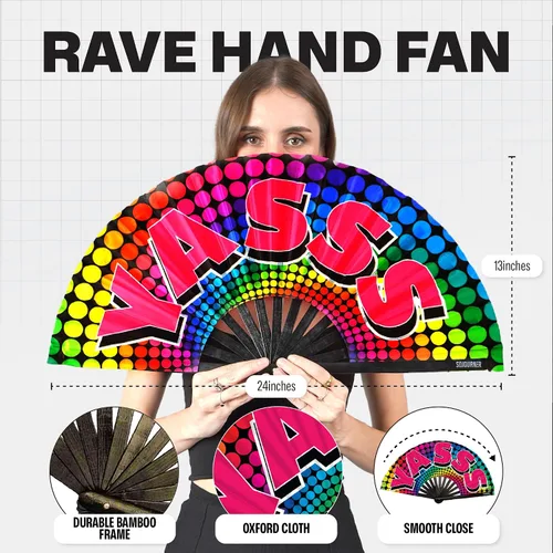 Miniatura 85 de SoJourner Bags Rave Fan – Ventilador plegable grande – Ventilador de mano Clack para raves, Halloween, Burlesque, trajes de arcoíris para mujeres