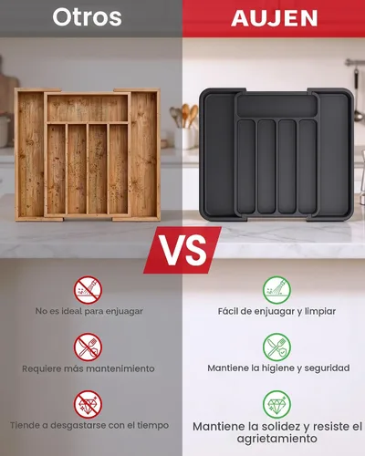 Miniatura 6 de Aujen Organizador de cubiertos – Organizador de cajones de cocina expandible, organizador de utensilios ajustable, bandeja de cubiertos