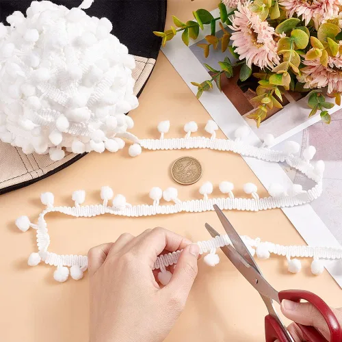 Miniatura 3 de PH PandaHall 22 yardas con pompones de 0.945 in, cinta blanca para coser, borlas de encaje para coser almohada, ropa, manualidades, fiestas, Blanco