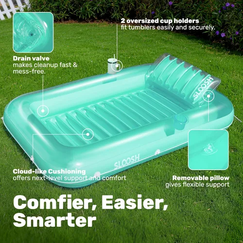 Miniatura 4 de SLOOSH Flotador inflable, camastro para adultos, con almohada, 178 x 117 cm, 4 en 1: balsa-tina bronceadora, camastro para tomar el sol, fiestas Cian