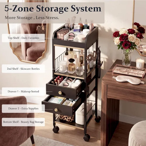 Miniatura 6 de Makeup Organizer Cart, Rolling Floor Skincare Organizer and Storage with 2 Wooden Drawers, Cosmetics Display Cases Holder for Skin Care Perfume Hair