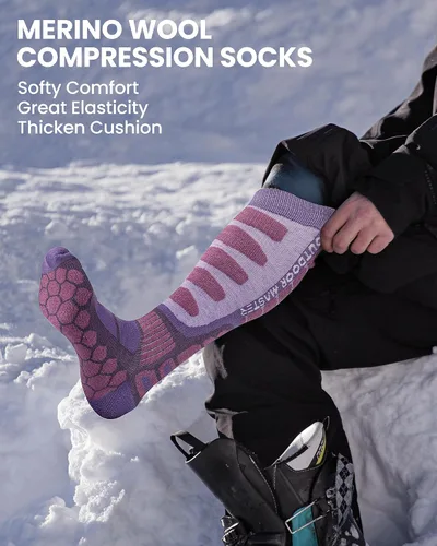 Miniatura 7 de OutdoorMaster Calcetines de esquí de lana merina, 23 pares sobre la pantorrilla, puños antideslizantes para hombres y mujeres, calcetines térmicos