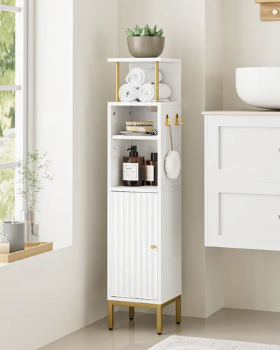 Miniatura 12 de Gabinete de Almacenamiento para Baño, Pequeño Mueble de Esquina de Piso con 2 Ganchos, Gabinete Estrecho para Papel Higiénico con Puerta de Ratán